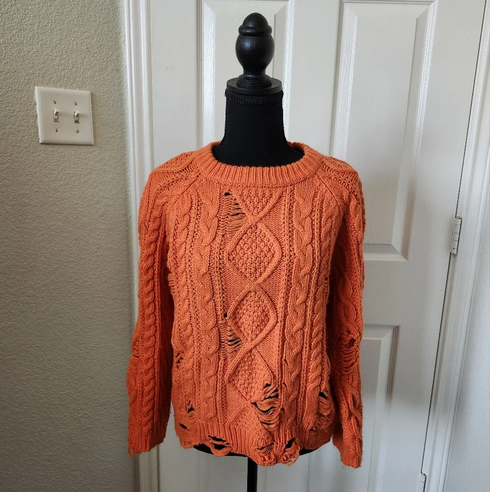 Boohoo Bright Orange Cable Knit Sweater Distressed Details S/M